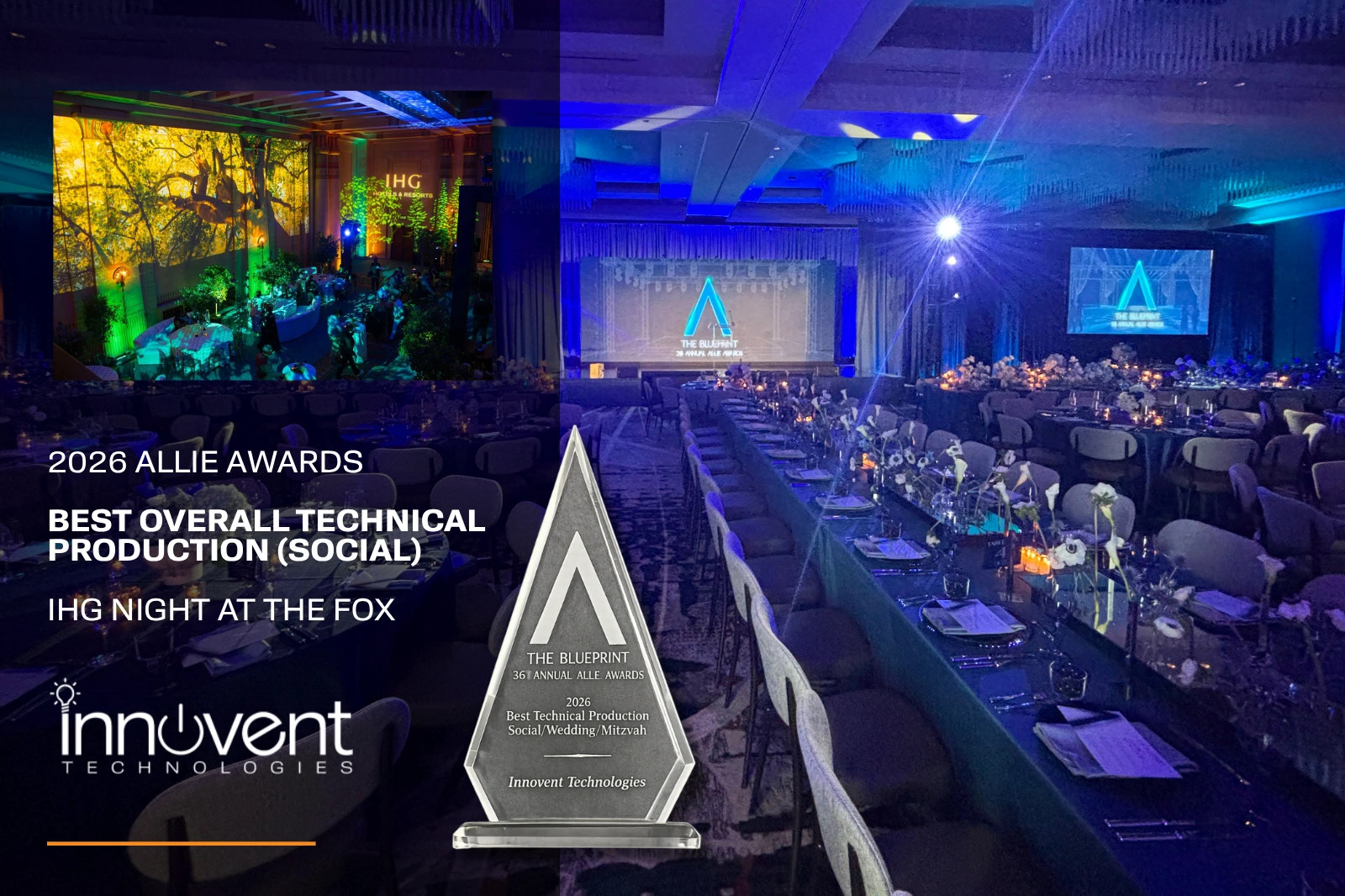 Ballroom production setup for IHG Night at the Fox recognized with Best Overall Technical Production at the 2026 Allie Awards featuring staging, lighting, projection, and banquet event design.