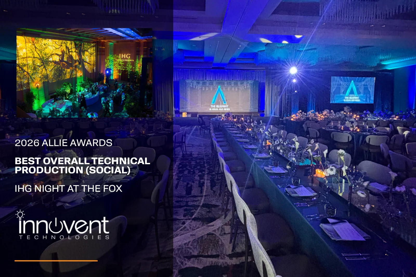 2026 Allie Awards Best Overall Technical Production – IHG Night at the Fox Ballroom production setup for IHG Night at the Fox recognized with Best Overall Technical Production at the 2026 Allie Awards featuring staging, lighting, projection, and banquet event design.