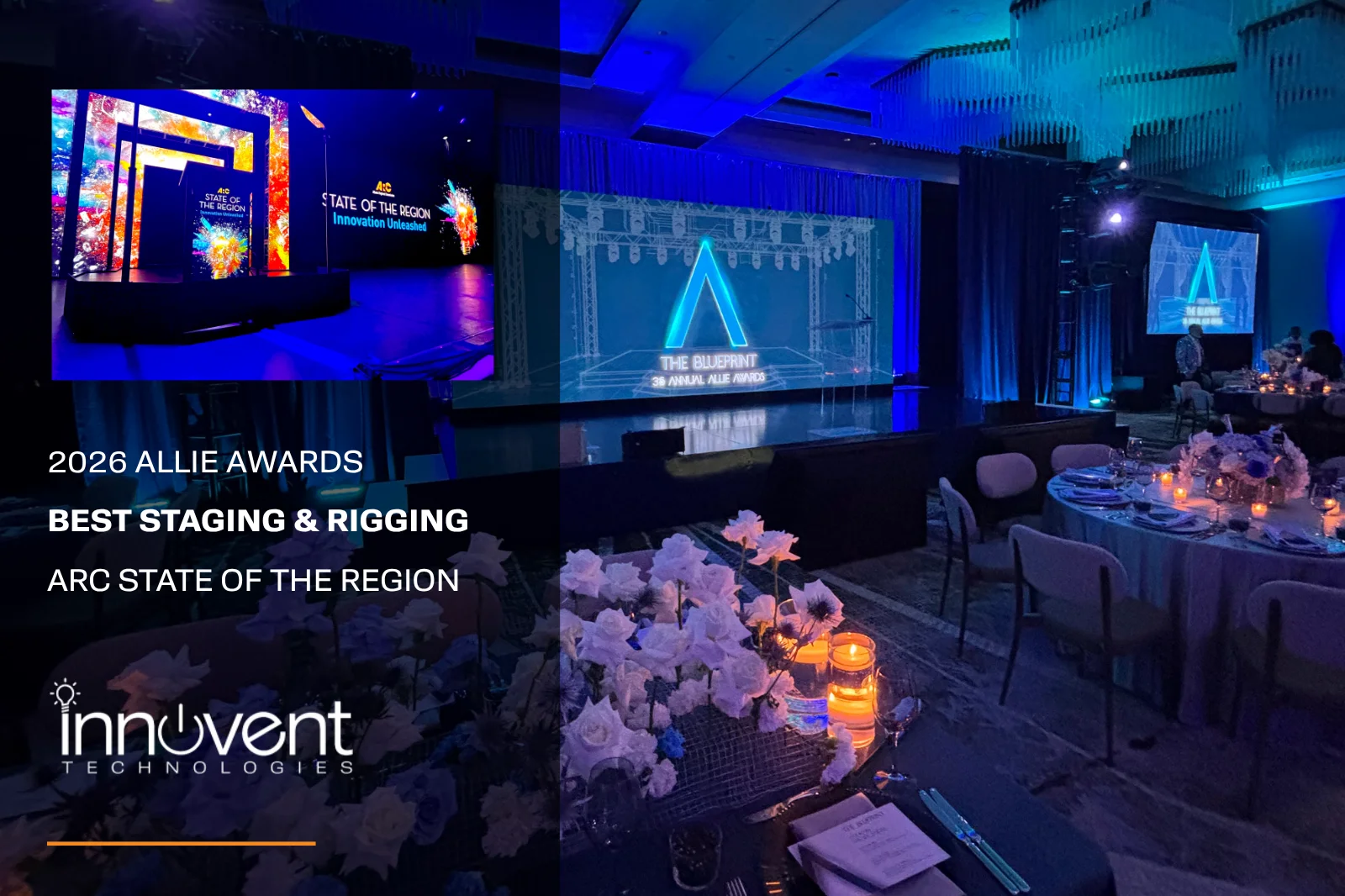 2026 Allie Awards Best Staging & Rigging Design – ARC State of the Region Stage and ballroom production environment for ARC State of the Region recognized with Best Staging and Rigging Design at the 2026 Allie Awards.