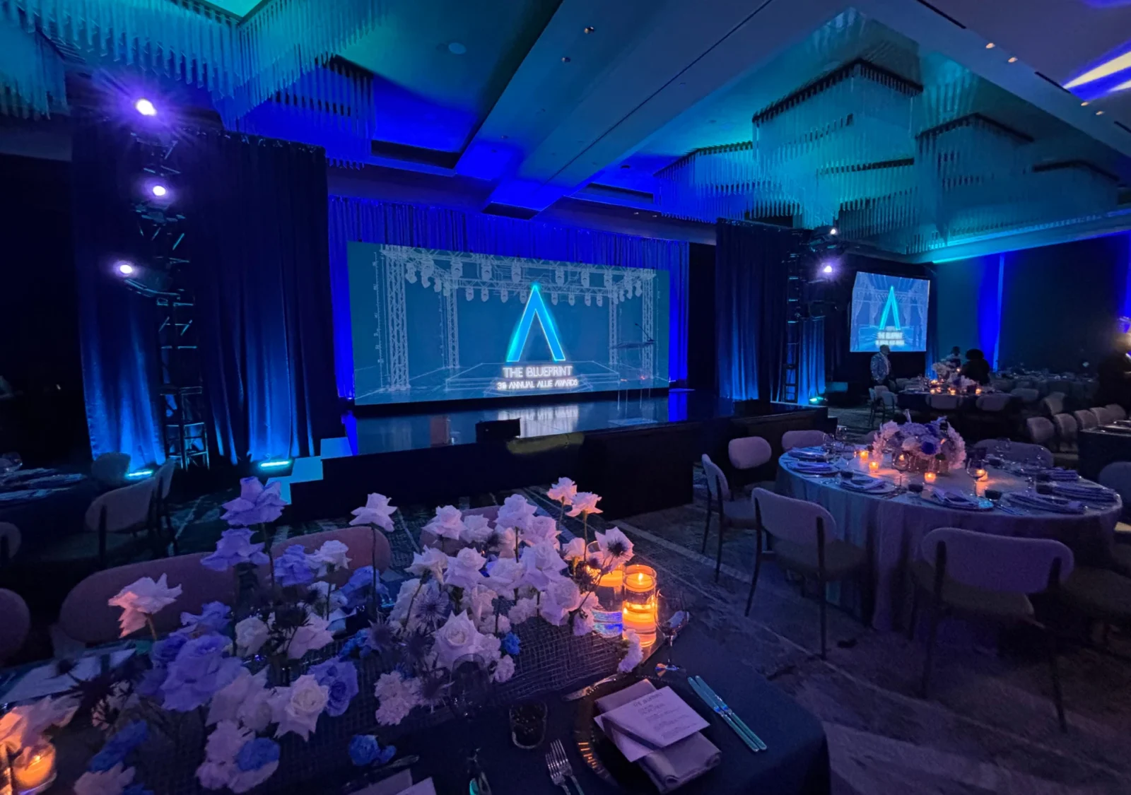 Ballroom-wide AV production setup by Innovent Technologies for the 2026 Allie Awards in Atlanta