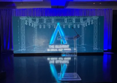 Blueprint-themed stage design produced by Innovent Technologies for the 2026 Allie Awards in Atlanta