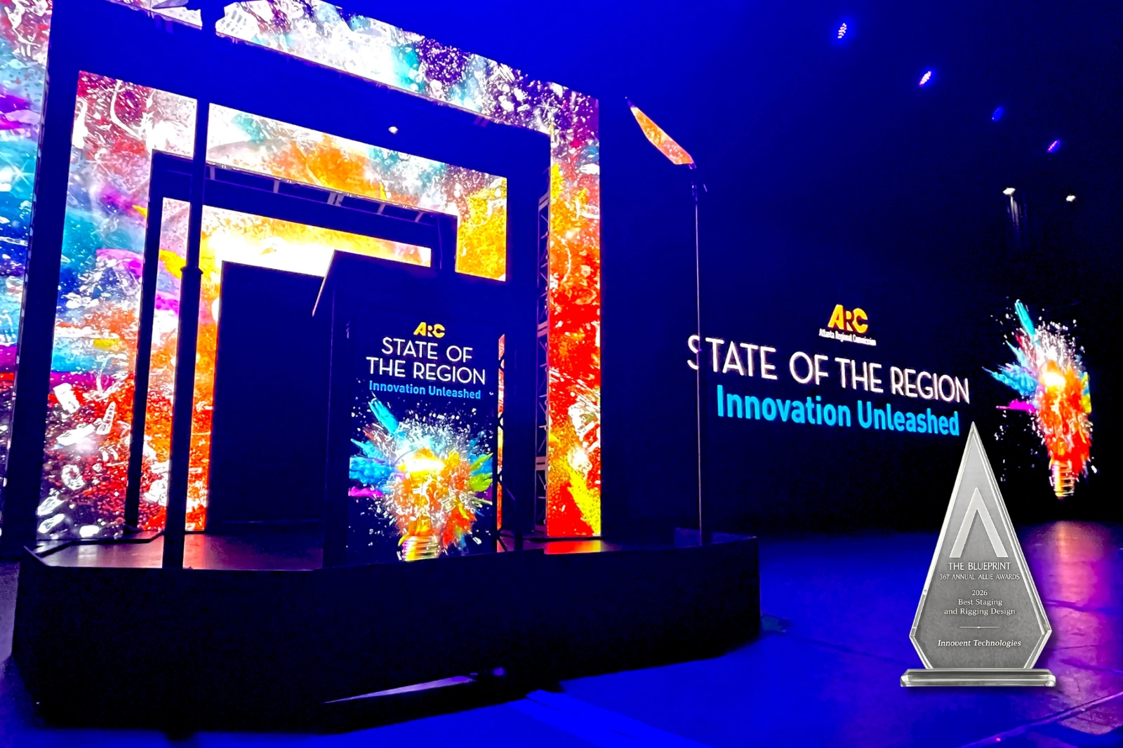 LED stage design and immersive scenic production for the ARC State of the Region event supported by Innovent Technologies in Atlanta