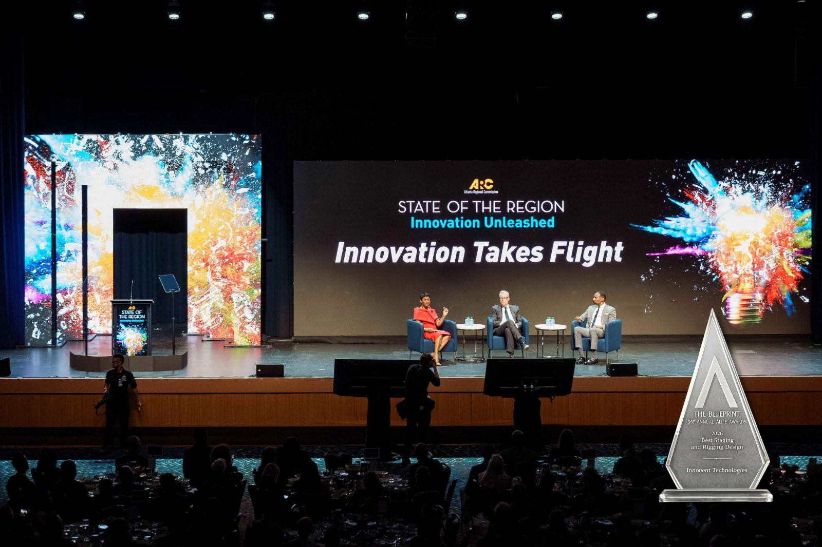 Large-scale LED stage and scenic production for the ARC State of the Region event in Atlanta supported by Innovent Technologies