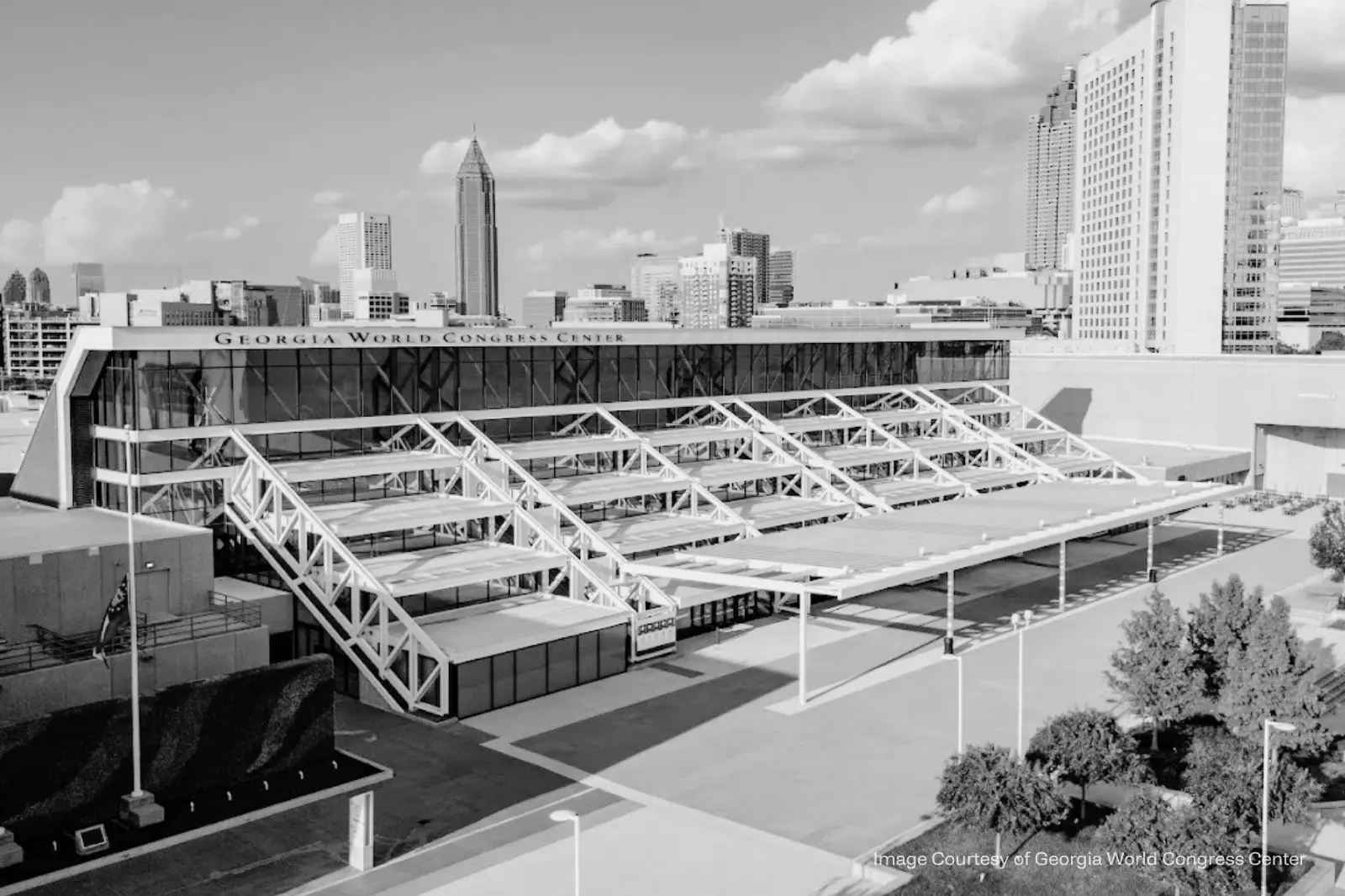 Exterior view of the Georgia World Congress Center in downtown Atlanta, Georgia during conference and AV production planning operations