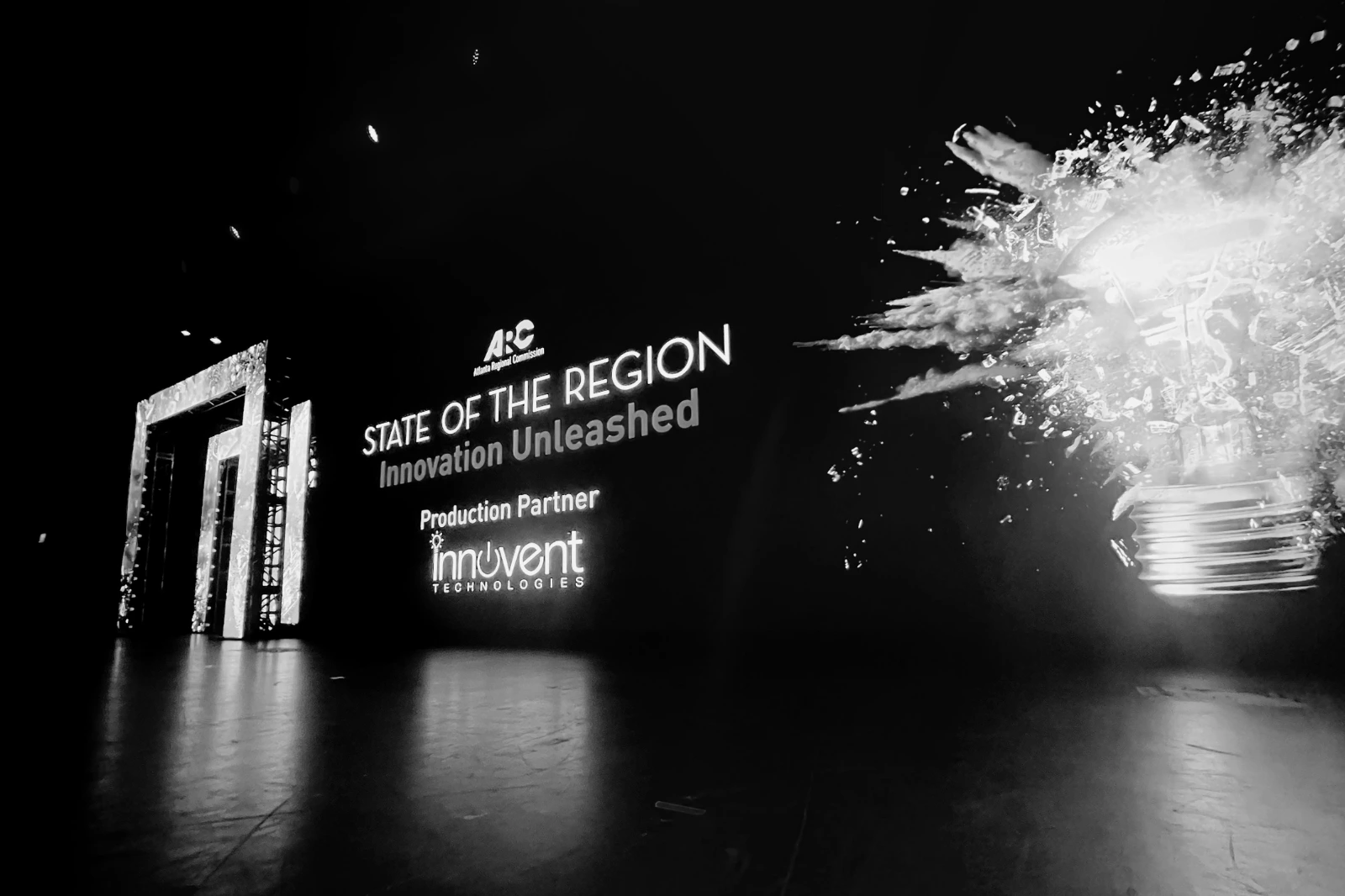 LED entrance tunnel and stage production environment for ARC State of the Region at the Georgia World Congress Center produced by Innovent Technologies.