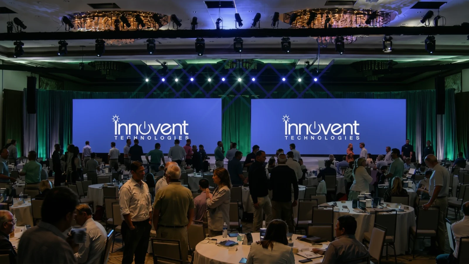 Corporate event attendees networking between sessions in a room supported by Innovent Technologies AV production.