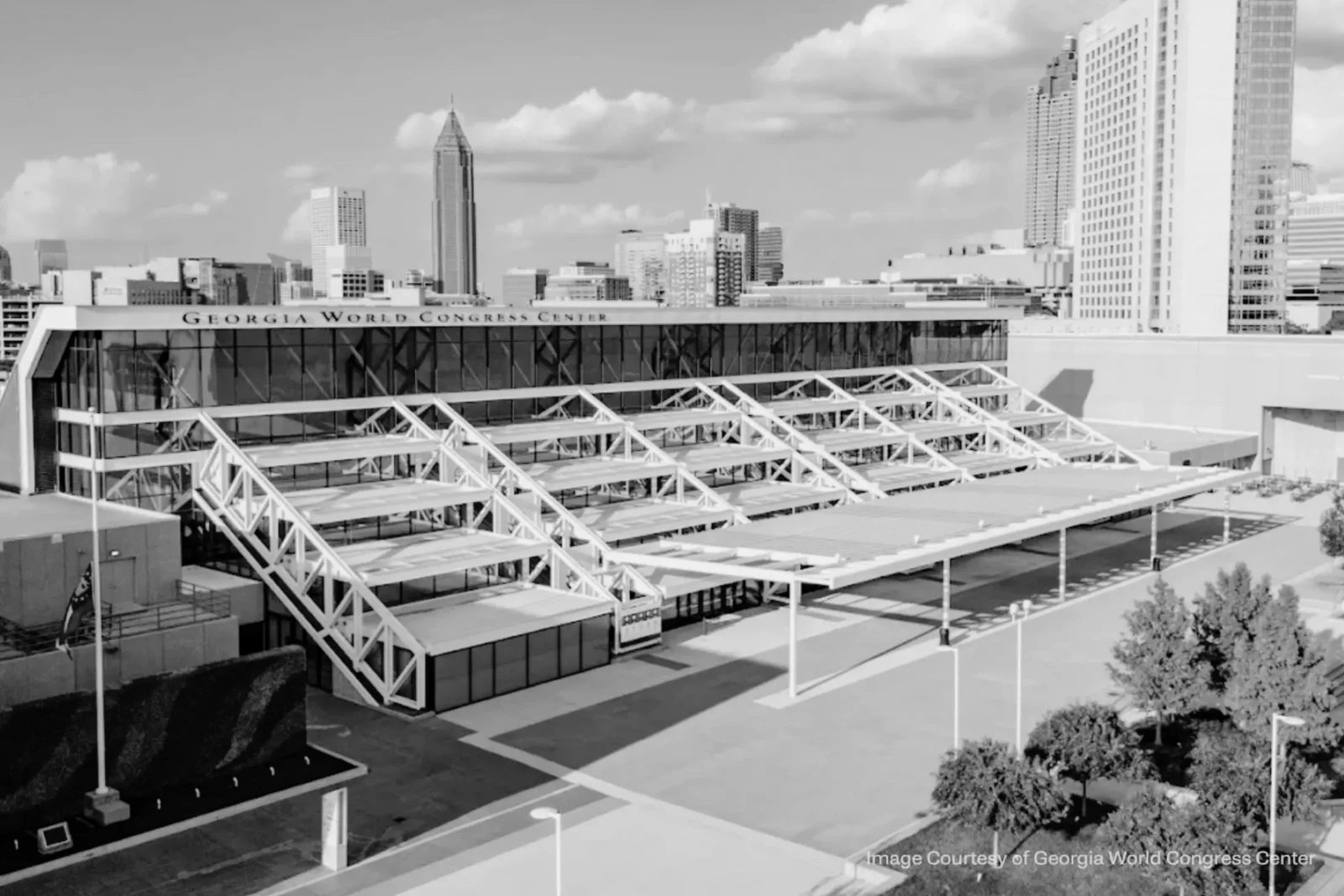 Exterior view of the Georgia World Congress Center in downtown Atlanta, Georgia during conference and AV production planning operations
